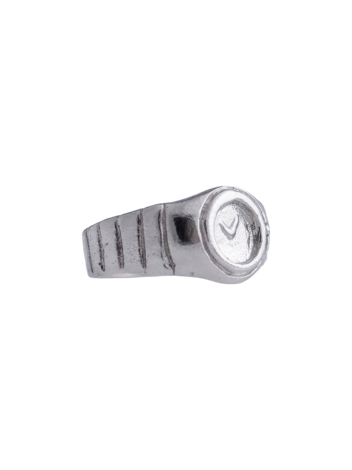 Angled side view of the 11:11 watch ring with grooved band