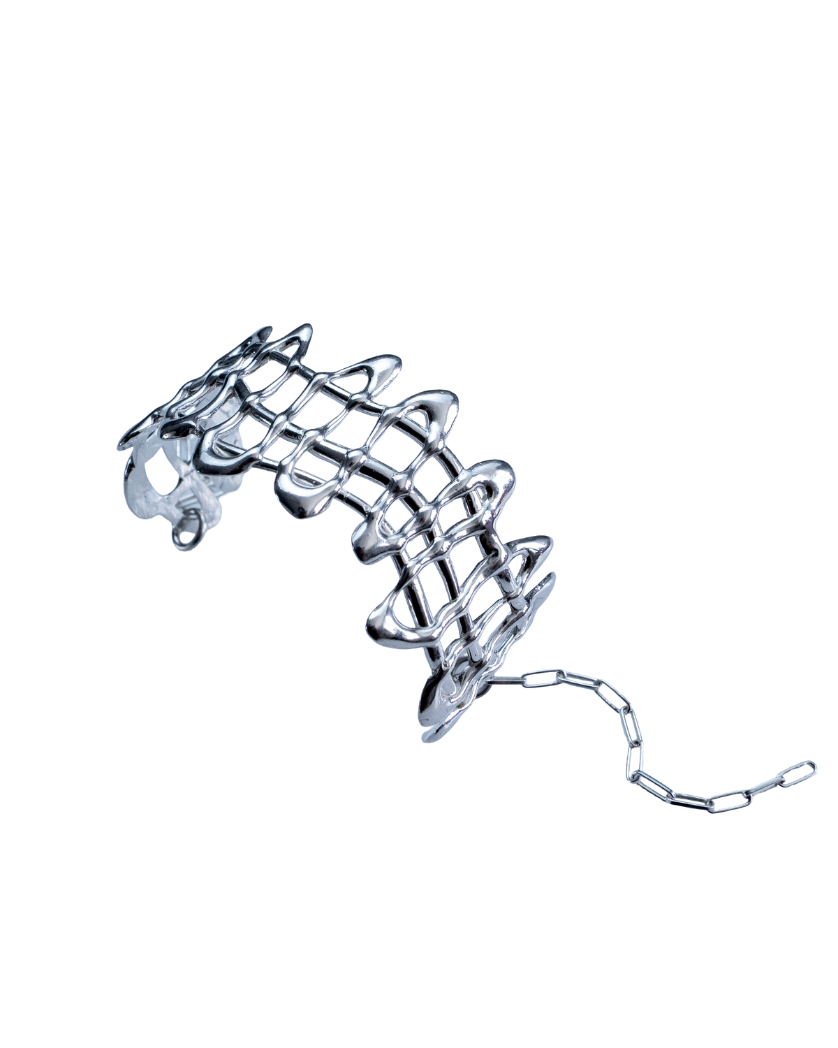 With a Bang sculptural sterling silver openwork bangle with safety chain