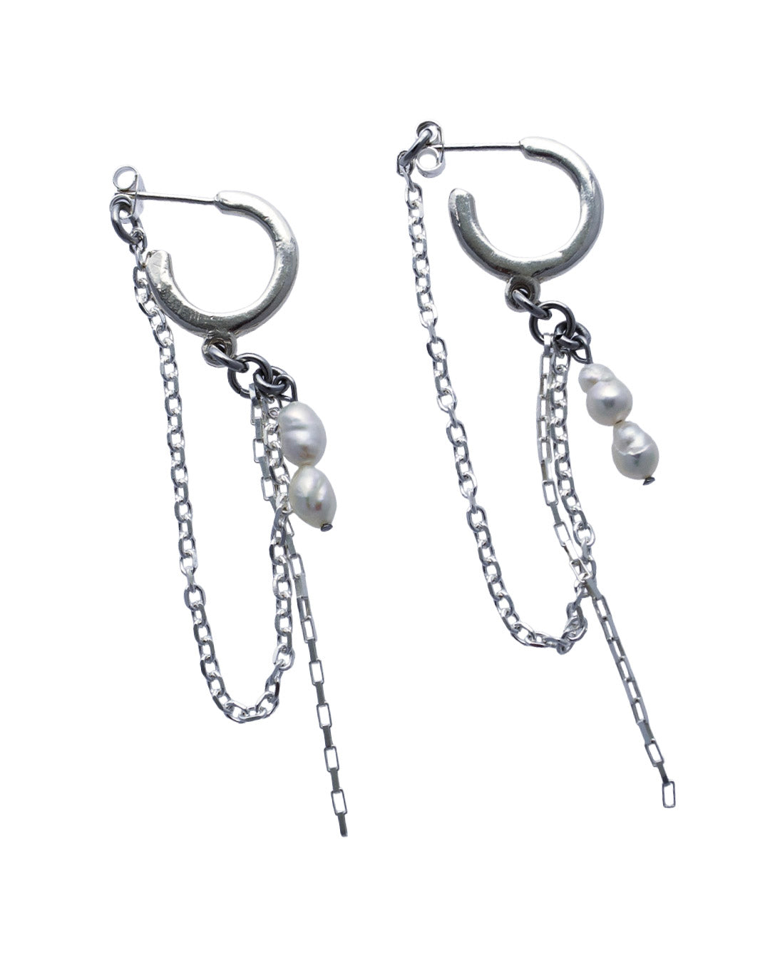 Sculptural Bicoastal earrings with cascading silver chains