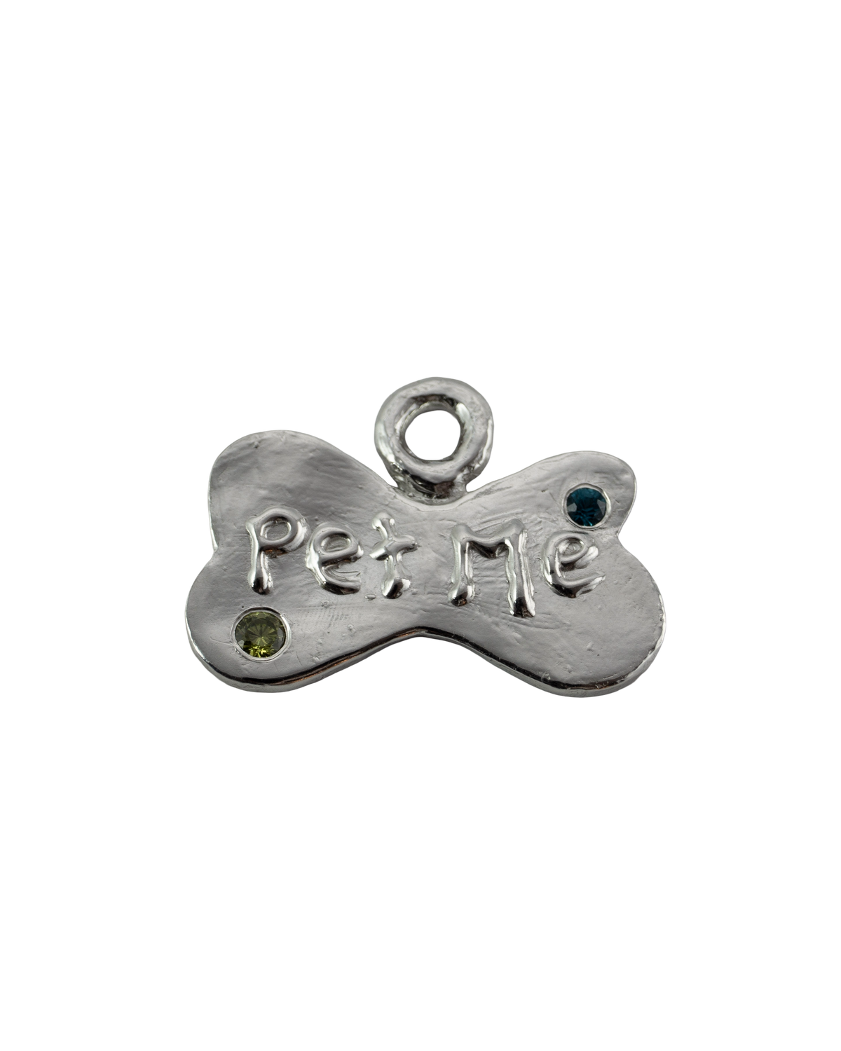 Pet Me bone-shaped sterling silver pet charm with hand-formed lettering