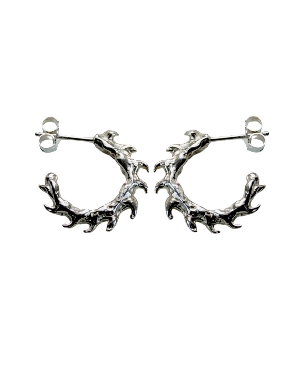 Front view of Thorny Hoops sculptural sterling silver earrings