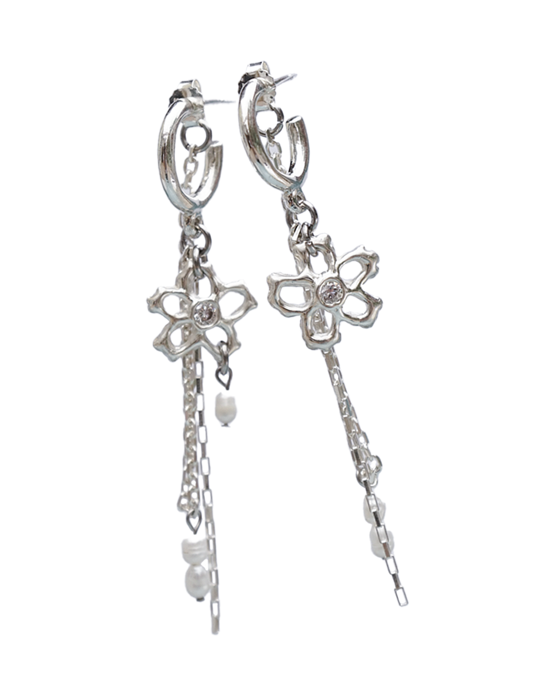 Lazy Daisies sculptural hoop earrings with cascading cable chains
