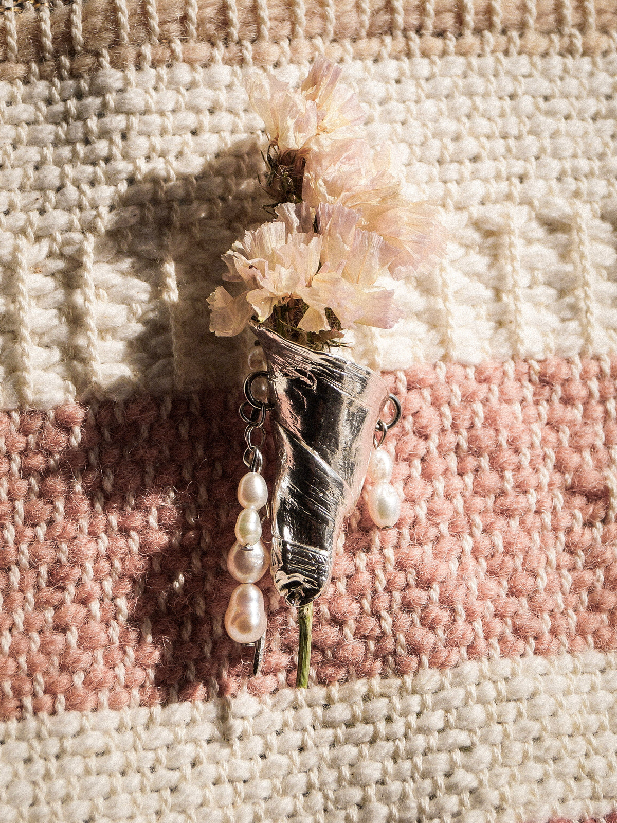 Bouquet sterling silver brooch with pale flowers and dangling freshwater pearls
