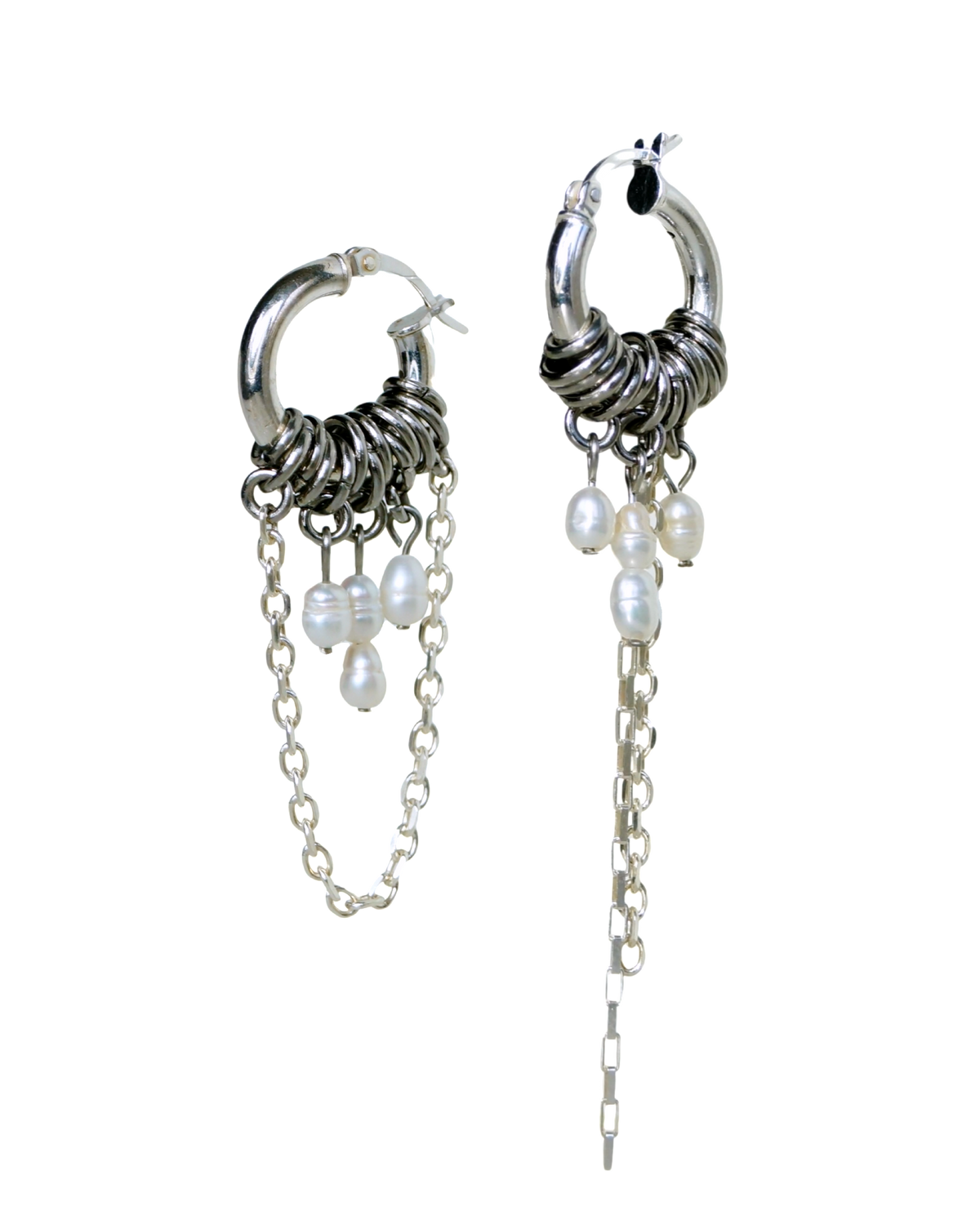Dark Siren asymmetrical sterling silver earrings with baroque pearls