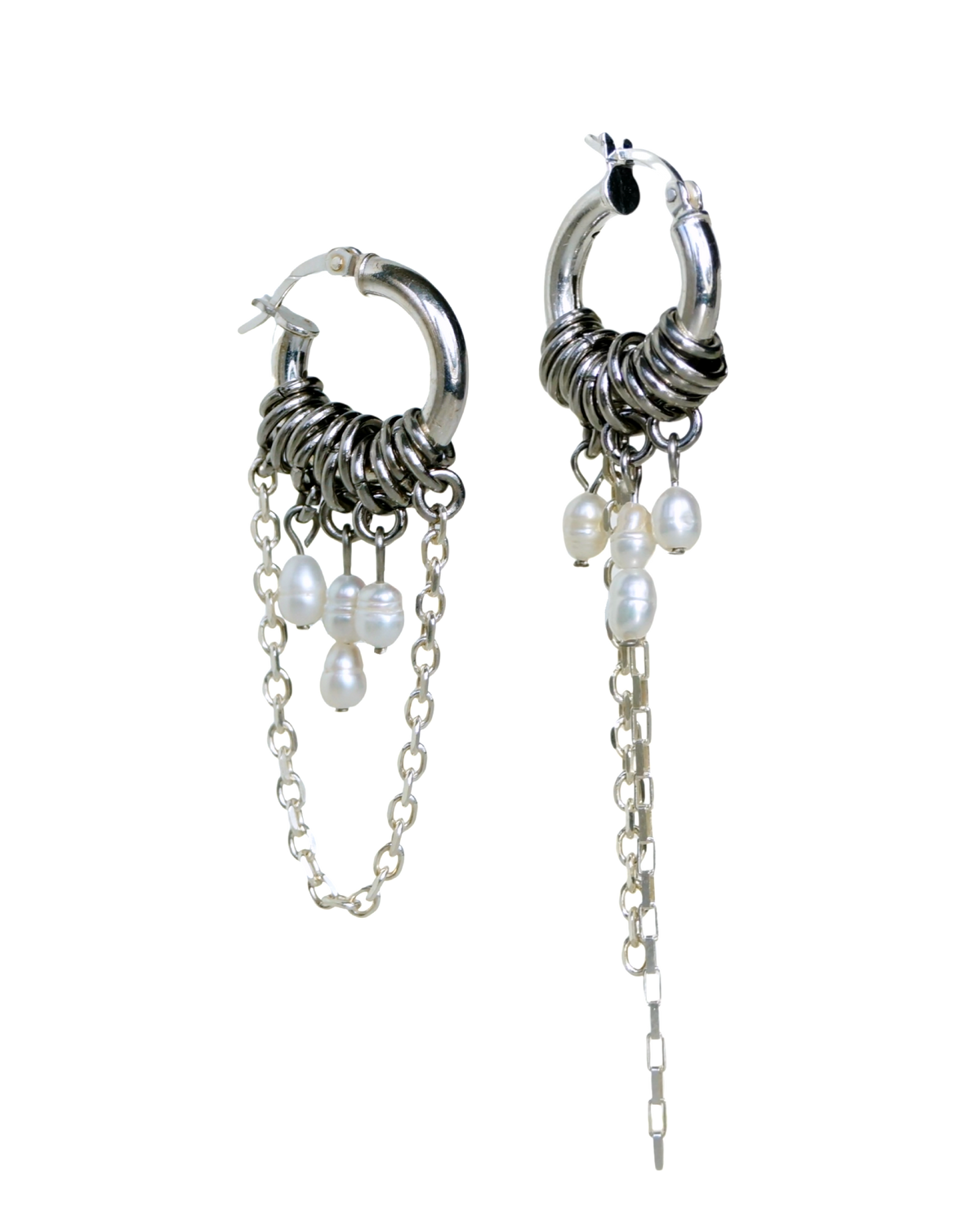 Sculptural silver hoop earrings with chains and baroque pearls