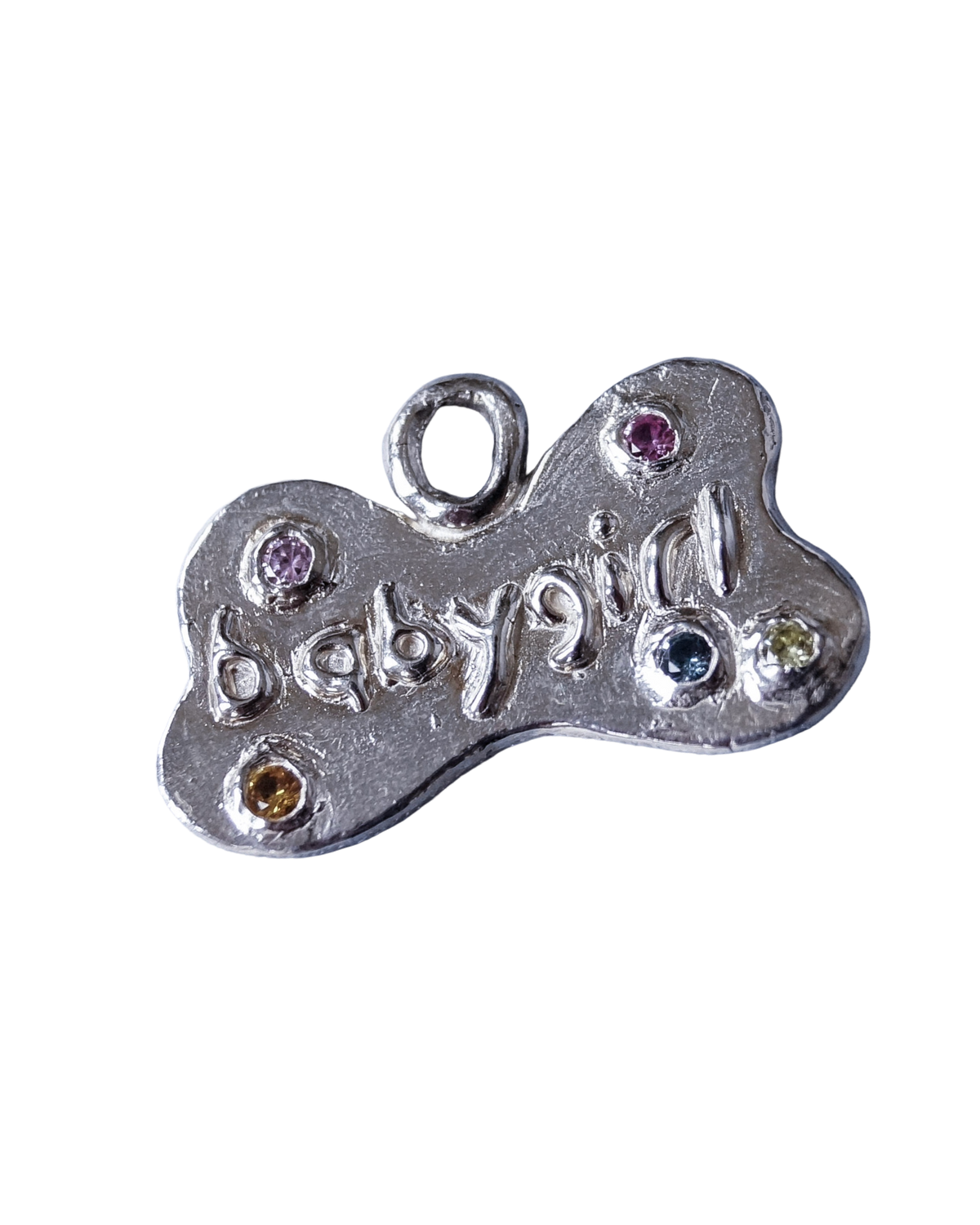 Personalized sterling silver bone pet tag with multicolour CZ gemstones