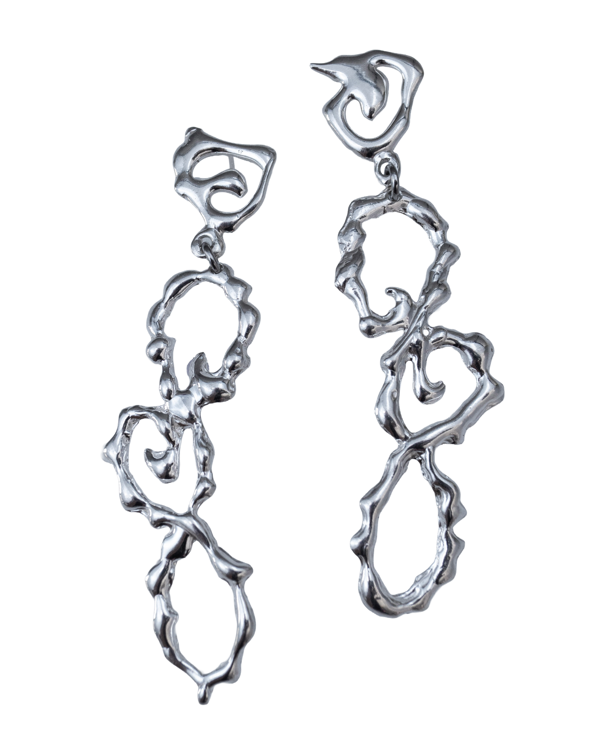 Pair of Fluid Wave sterling silver earrings with organic free-form shapes