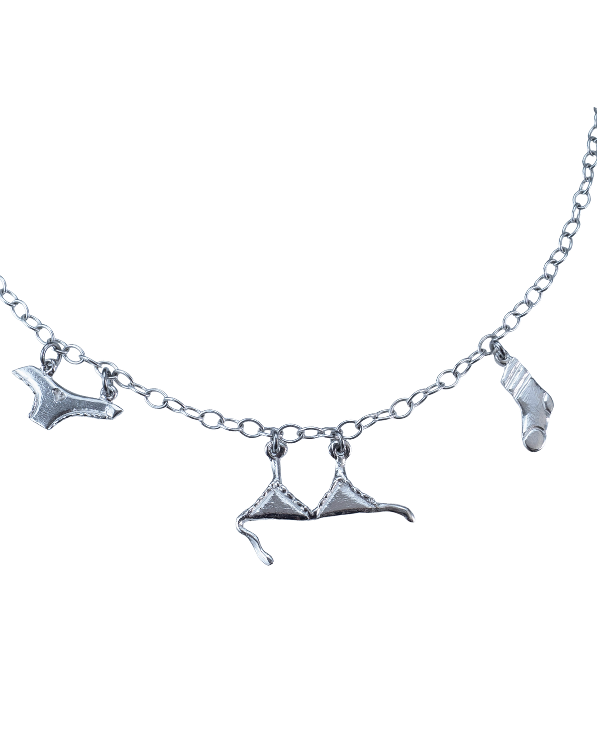 Full view of the Clothesline sterling silver charm necklace with bra and sock charms