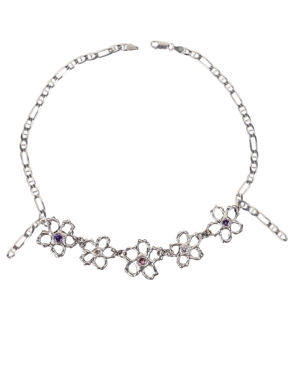 Floral Lace sterling silver flower necklace with colourful cubic zirconia
