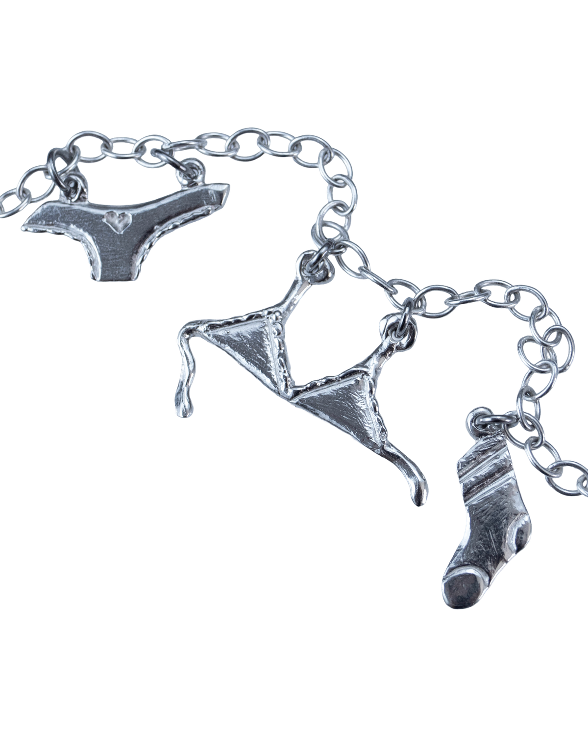 Clothesline sterling silver charm necklace with hand-carved underwear charms