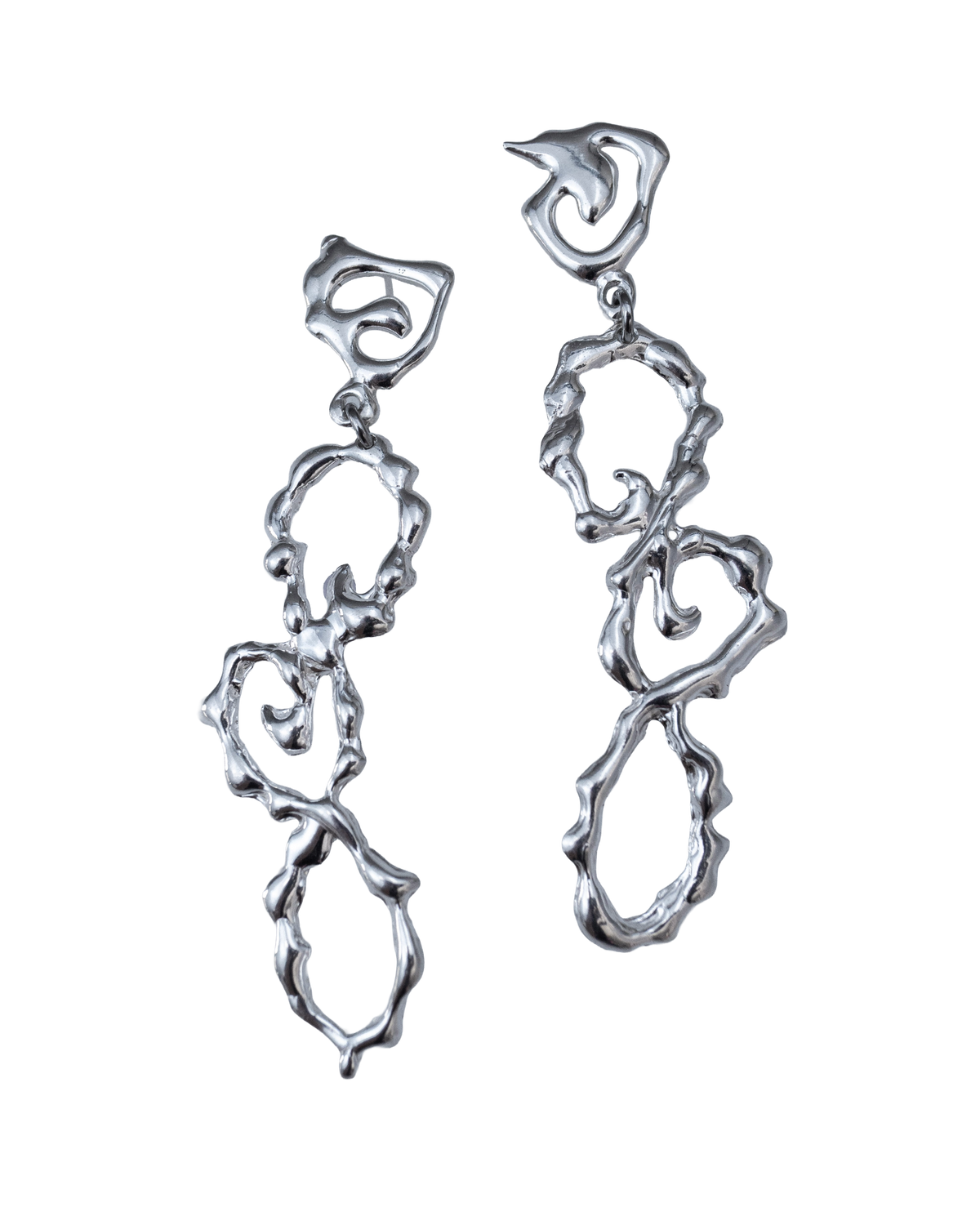 Front view of Fluid Wave sculptural sterling silver drop earrings