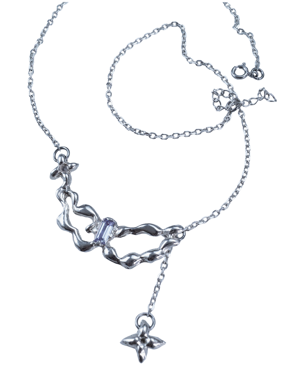 Full view of the Faerie Chain sculptural sterling silver necklace