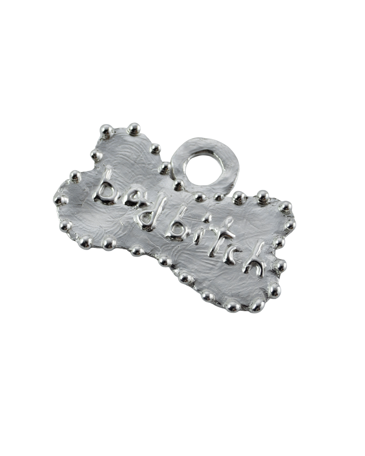 Bad B bone-shaped sterling silver pet charm with hand-formed lettering and beaded edge