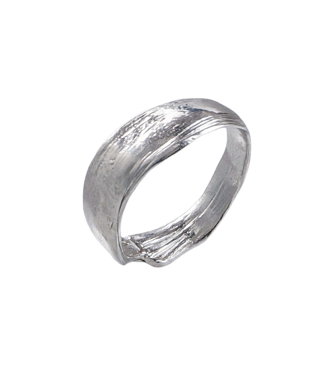 Angled view of the Fold 004 organic sterling silver ring