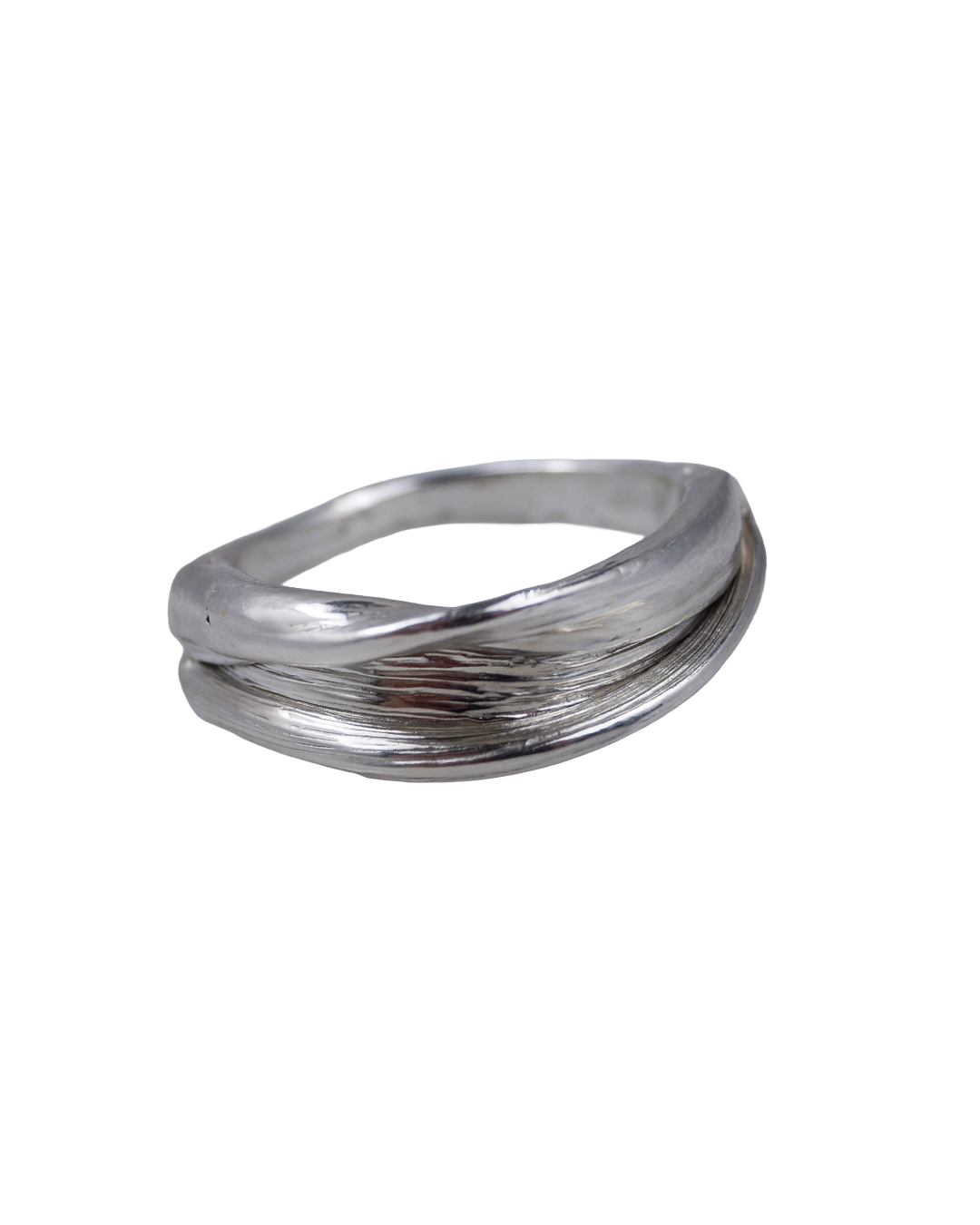 Angled view of the Fold 005 folded sterling silver ring