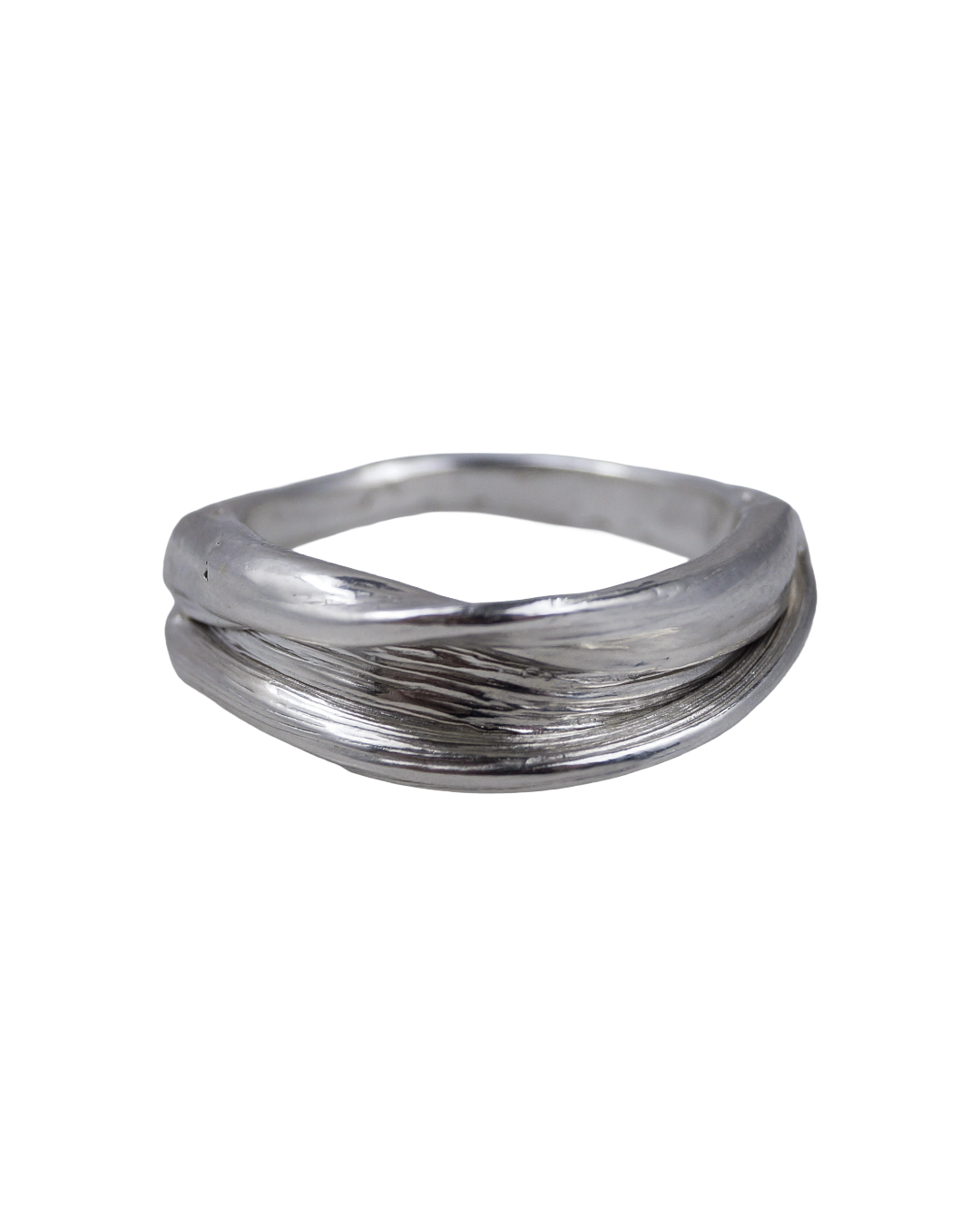 Fold 005 sculptural sterling silver ring with layered organic bands