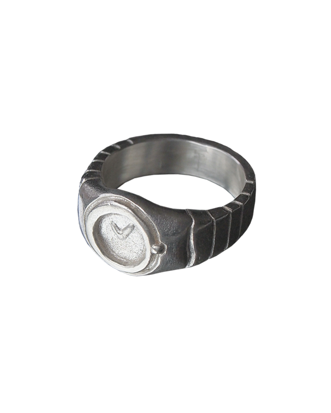 11:11 sculptural silver watch ring shown at an angle