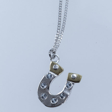 Silver necklace with a horseshoe pendant on a light gray background